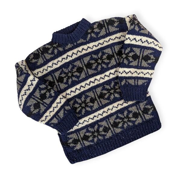 Wooly-Wooly Handmade Sweater ~ Ecuador Andean knitted raw wool fair isle navy - Picture 1 of 6